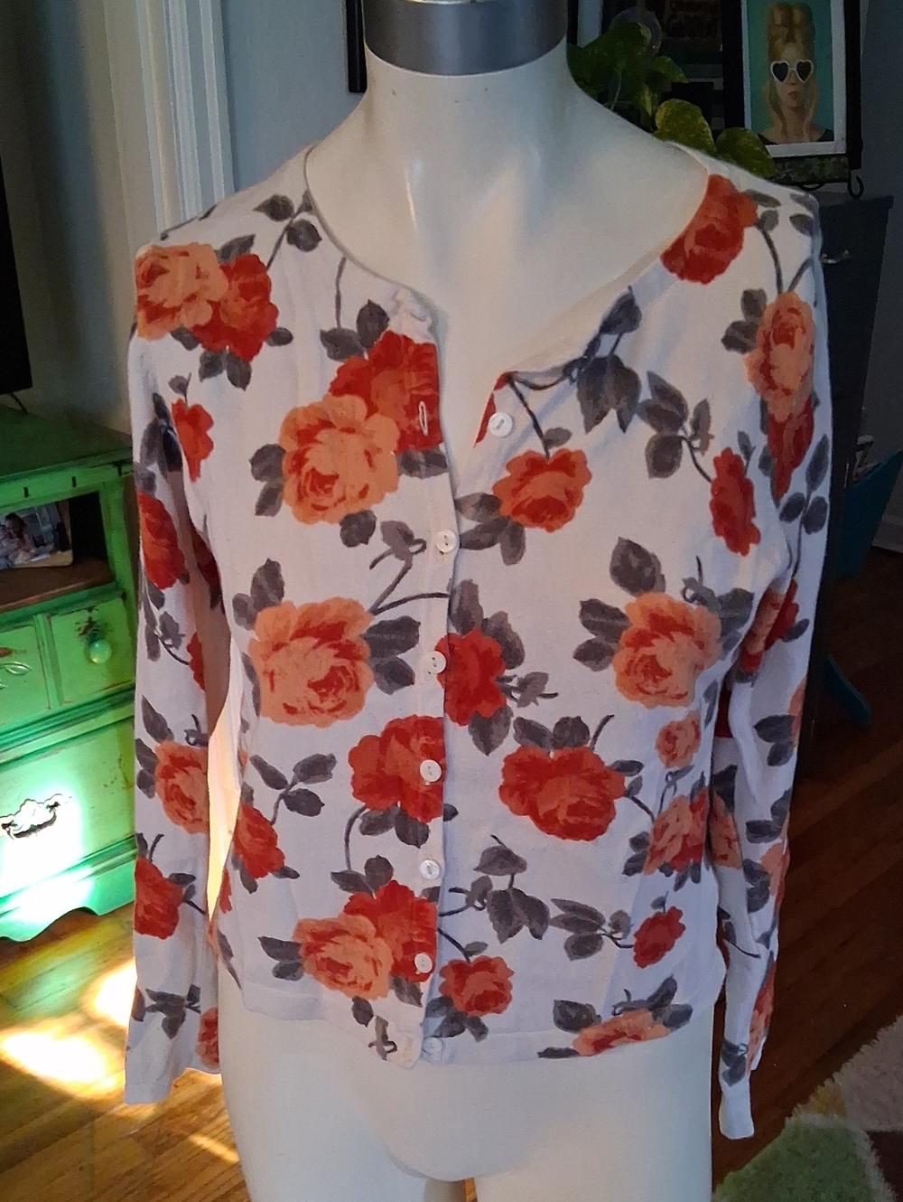 Floral Button-Front Women’s Sweater Cardigan - Orange/Gray on White